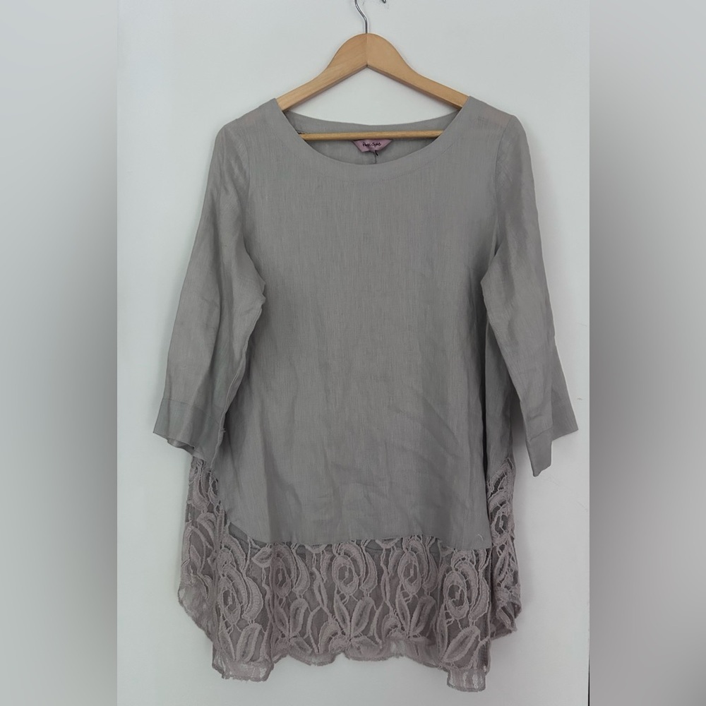 PHASE EIGHT Grey LINEN Tunic Crotchet Lace Hem Elegant Gray Lace Trim Top 12 - Picture 3 of 8